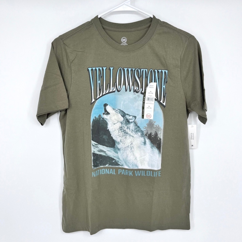 Yellowstone National Park Wolf Graphic Tee Kids XL 14-16 Olive Shirt Adventure